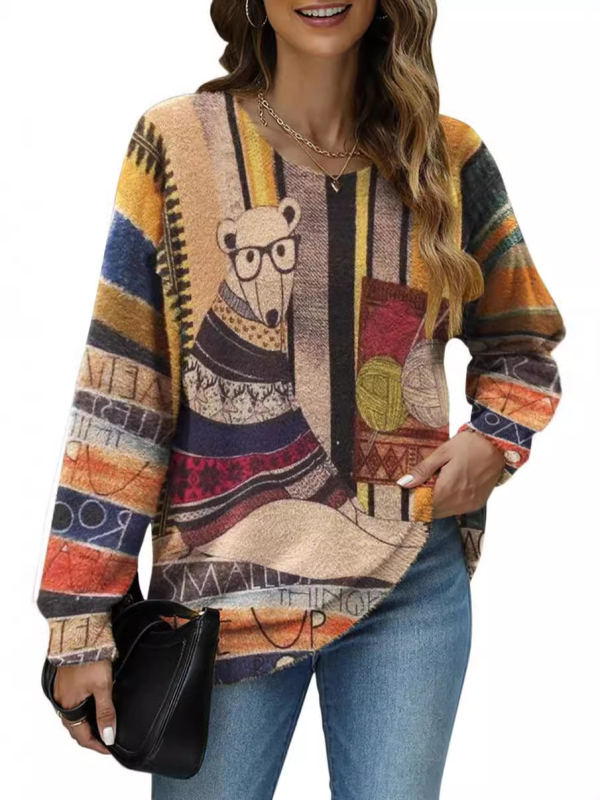 Dámsky oversize sveter z mixu nylonu a polyesteru s vzorom zvieraťa, okrúhly výstrih, dlhé rukávy