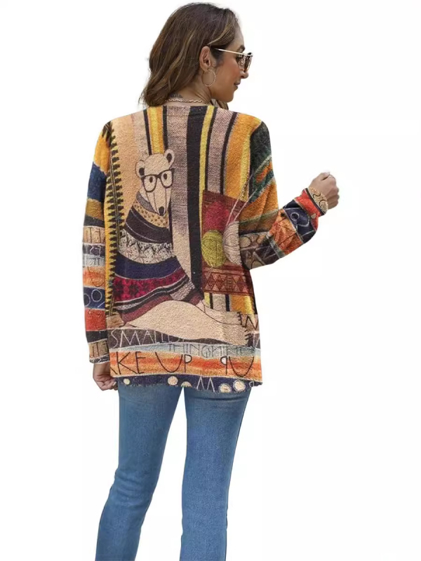 Dámsky oversize sveter z mixu nylonu a polyesteru s vzorom zvieraťa, okrúhly výstrih, dlhé rukávy