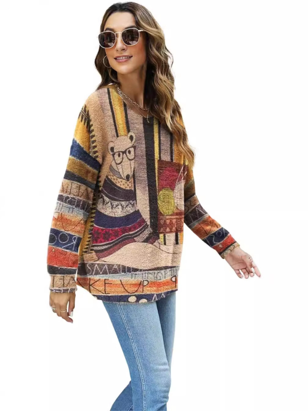 Dámsky oversize sveter z mixu nylonu a polyesteru s vzorom zvieraťa, okrúhly výstrih, dlhé rukávy