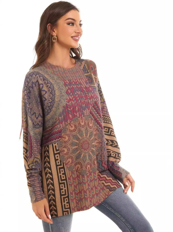 Pulover tricotat cu imprimeu etnic, amestec din nailon și poliester, guler rotund, mâneci lungi