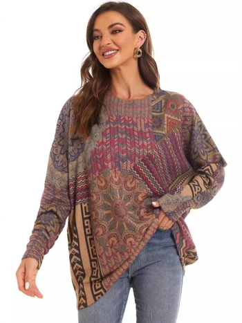 Pulover tricotat cu imprimeu etnic, amestec din nailon și poliester, guler rotund, mâneci lungi