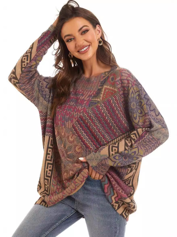 Pulover tricotat cu imprimeu etnic, amestec din nailon și poliester, guler rotund, mâneci lungi