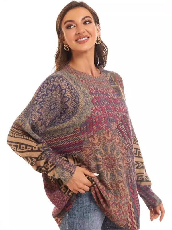 Pulover tricotat cu imprimeu etnic, amestec din nailon și poliester, guler rotund, mâneci lungi