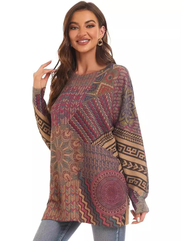Pulover tricotat cu imprimeu etnic, amestec din nailon și poliester, guler rotund, mâneci lungi