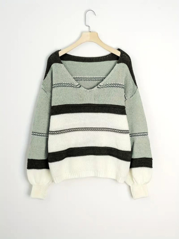 Moteriškas dryžuotas megztinis, poliesteris, V formos kaklas, ilgos rankovės, žiemos kolekcija 2024