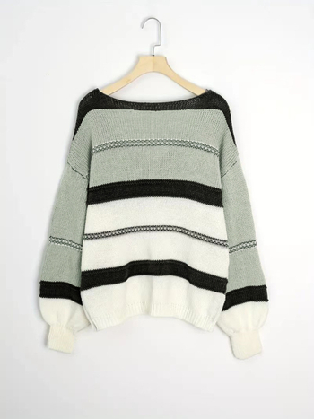 Moteriškas dryžuotas megztinis, poliesteris, V formos kaklas, ilgos rankovės, žiemos kolekcija 2024