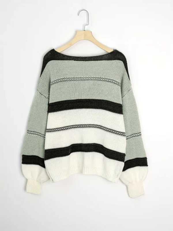 Moteriškas dryžuotas megztinis, poliesteris, V formos kaklas, ilgos rankovės, žiemos kolekcija 2024