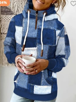 Moterų languotas džemperis su gobtuvu ir kišene – poliesteris, ilgomis rankovėmis