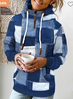 Moterų languotas džemperis su gobtuvu ir kišene – poliesteris, ilgomis rankovėmis