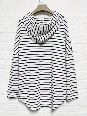 Moteriškas megztinis su gobtuvu, dryžuotas, vidutinio ilgio, poliesterio-elastano mišinys