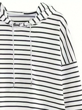 Moteriškas megztinis su gobtuvu, dryžuotas, vidutinio ilgio, poliesterio-elastano mišinys