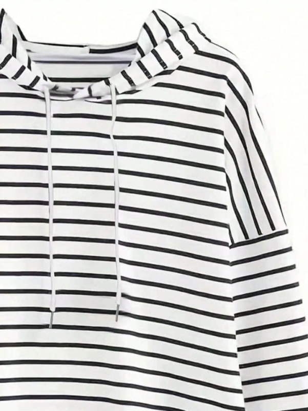 Moteriškas megztinis su gobtuvu, dryžuotas, vidutinio ilgio, poliesterio-elastano mišinys