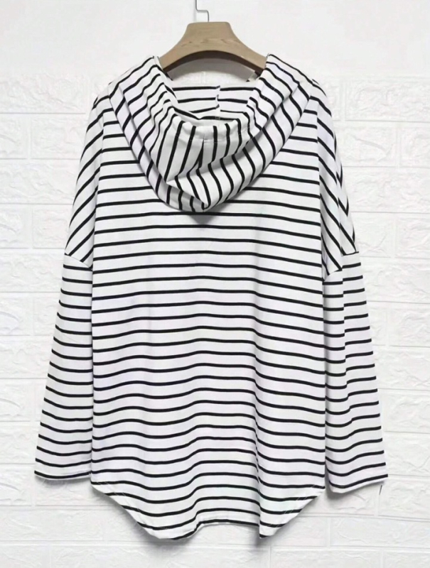 Moteriškas megztinis su gobtuvu, dryžuotas, vidutinio ilgio, poliesterio-elastano mišinys