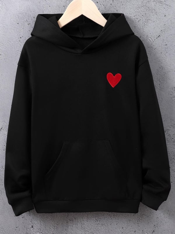 Παιδικό unisex φούτερ με κουκούλα και κέντημα καρδιάς, κορεάτικο στυλ, 100% πολυεστέρας.
