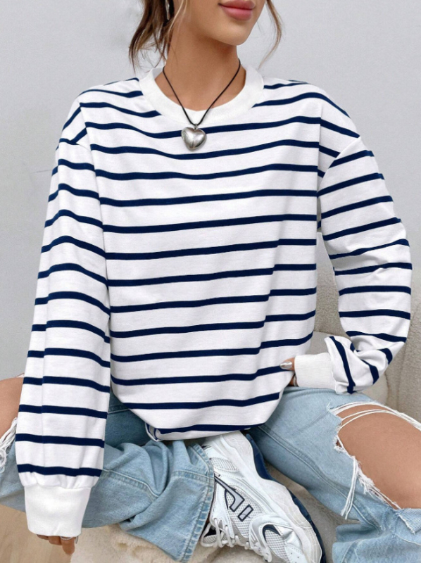 Tricou femei cu mânecă lungă, în dungă – poliester, guler rotund, croială normală, lungime obișnuită (50–65 cm)