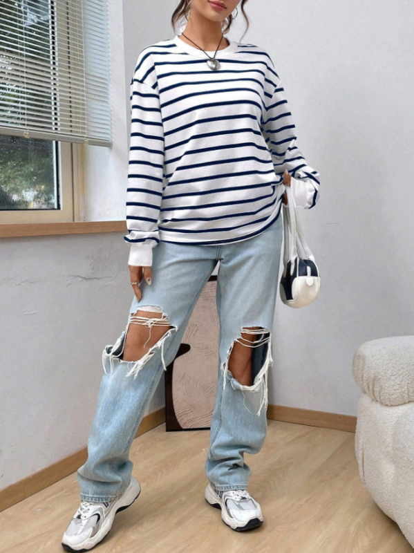 Tricou femei cu mânecă lungă, în dungă – poliester, guler rotund, croială normală, lungime obișnuită (50–65 cm)