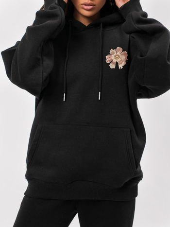 Hanorac damă cu glugă, imprimeu floral dublu, croială lejeră, mâneci lungi, poliester