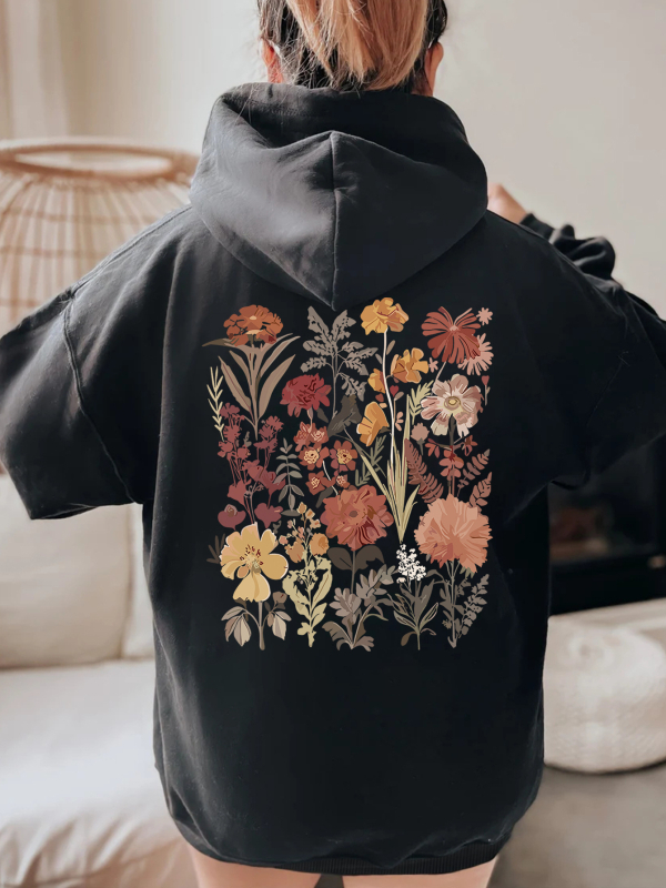 Hanorac damă cu glugă, imprimeu floral dublu, croială lejeră, mâneci lungi, poliester