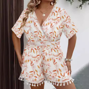 Ljetni romper sa širokim siluetu, otisak, materijal milk silk, 3/4 rukava, nagib ramena, sladak stil