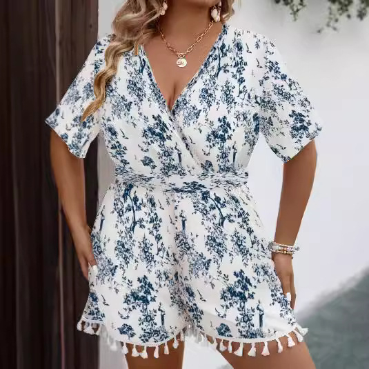 Ljetni romper sa širokim siluetu, otisak, materijal milk silk, 3/4 rukava, nagib ramena, sladak stil