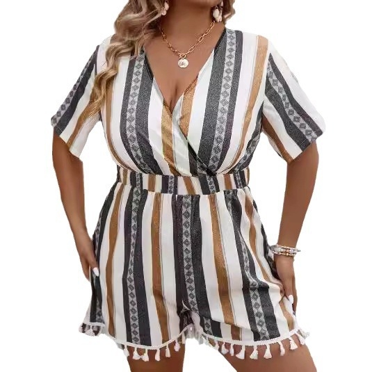 Ljetni romper sa širokim siluetu, otisak, materijal milk silk, 3/4 rukava, nagib ramena, sladak stil