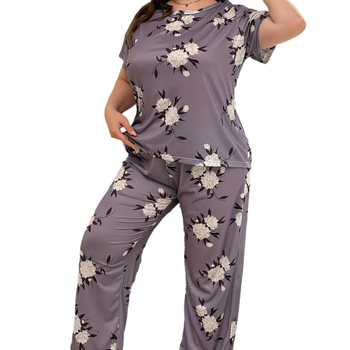 Σετ δύο τεμαχίων με φλοράλ εκτύπωση: τοπ με στρογγυλό λαιμό και 3/4 μανίκια, παντελόνια, πολυεστέρας, βάρος 181–200 g/m2, διαπνέον και άνετο για όλες τις εποχές