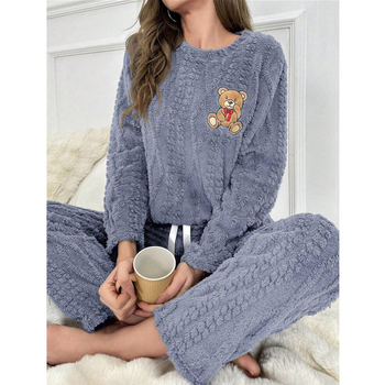 Γυναικείο σετ πιτζάμες με κέντημα αρκούδας, φθινοπωρινό-χειμερινό, βαρύ κοραλλόφλις, 100% πολυεστέρας, πουλόβερ με στρογγυλό λαιμό και παντελόνια