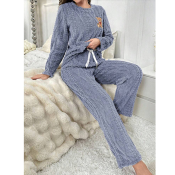 Γυναικείο σετ πιτζάμες με κέντημα αρκούδας, φθινοπωρινό-χειμερινό, βαρύ κοραλλόφλις, 100% πολυεστέρας, πουλόβερ με στρογγυλό λαιμό και παντελόνια