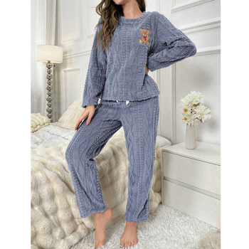 Γυναικείο σετ πιτζάμες με κέντημα αρκούδας, φθινοπωρινό-χειμερινό, βαρύ κοραλλόφλις, 100% πολυεστέρας, πουλόβερ με στρογγυλό λαιμό και παντελόνια