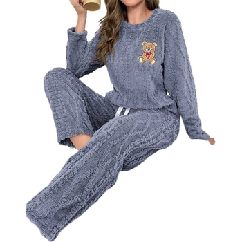 Γυναικείο σετ πιτζάμες με κέντημα αρκούδας, φθινοπωρινό-χειμερινό, βαρύ κοραλλόφλις, 100% πολυεστέρας, πουλόβερ με στρογγυλό λαιμό και παντελόνια
