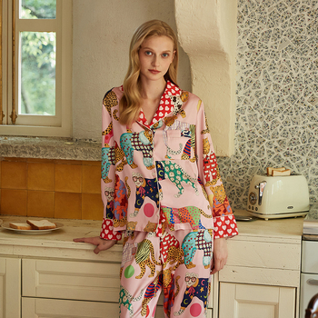 London Club Σετ πιτζάμας Ice Silk με γιακά σε στιλ σακακιού, μακριά μανίκια και παντελόνια — Ultra-thin 81-100 g/m²