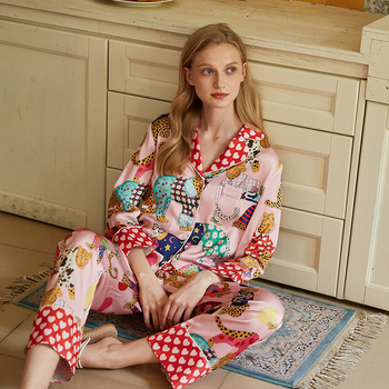 London Club Σετ πιτζάμας Ice Silk με γιακά σε στιλ σακακιού, μακριά μανίκια και παντελόνια — Ultra-thin 81-100 g/m²