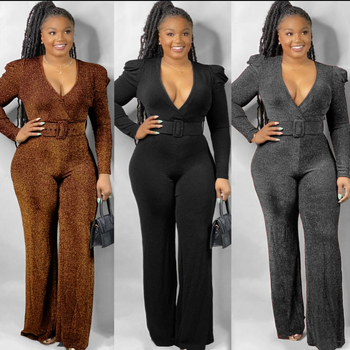 Jumpsuit със секси V-деколте, златни и сребърни нишки, средна талия, широки крачоли, колан включен; плат: ярък коприна-еластичен трикотаж, 71–80% хлориран влакна, 10–29% памук