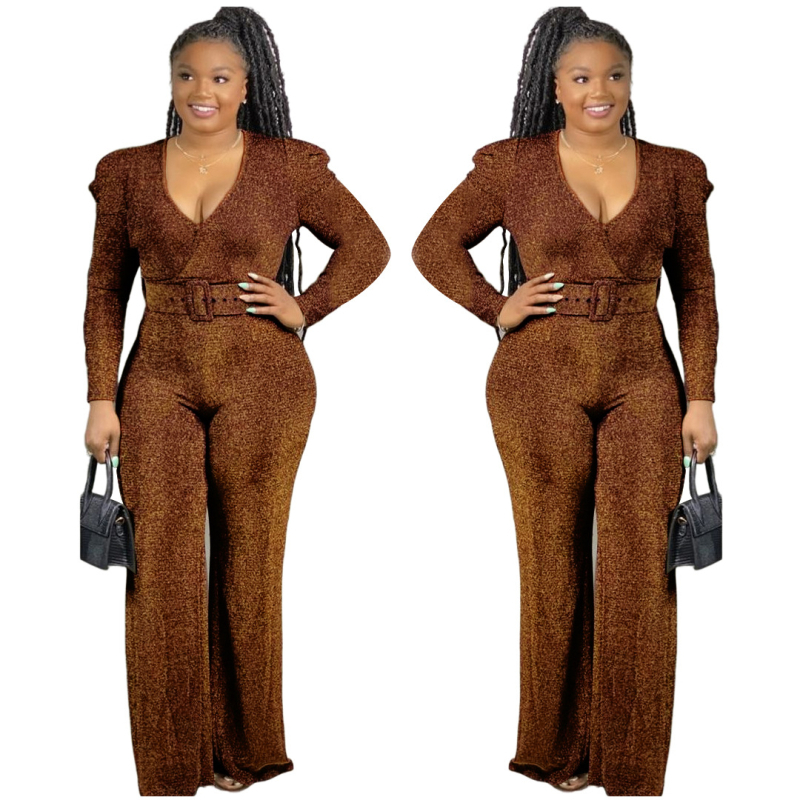 Salopetă sexy cu decolteu în V, fire metalice aurii și argintii, talie medie, pantaloni largi, curea inclusă; material: tricot elastic din mătase strălucitoare, 71–80% fibră clorurată, 10–29% bumbac