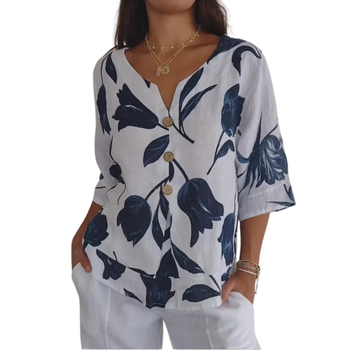 Риза от конопено влакно с флорален принт, свободен силует, V-образно деколте, ръкави 3/4