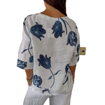 Риза от конопено влакно с флорален принт, свободен силует, V-образно деколте, ръкави 3/4
