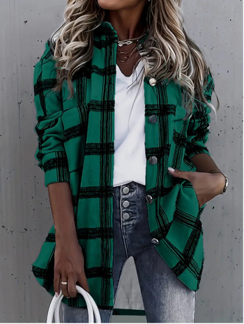 Moterų klasikinė patikrinta marškinėlių švarkas, laisvas kirpimas, vidutinio ilgio, ilgos rankovės, polo apykaklė, poliesteris 90–95%