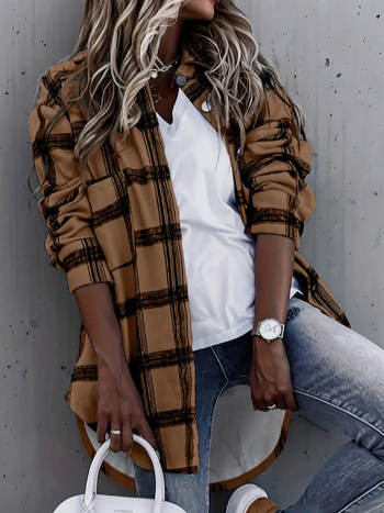 Moterų klasikinė patikrinta marškinėlių švarkas, laisvas kirpimas, vidutinio ilgio, ilgos rankovės, polo apykaklė, poliesteris 90–95%