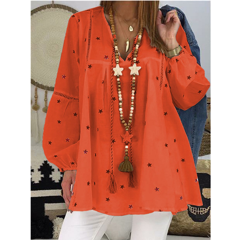 Tricou din poliester cu imprimeu, decolteu în V, mâneci lungi, croială lejeră