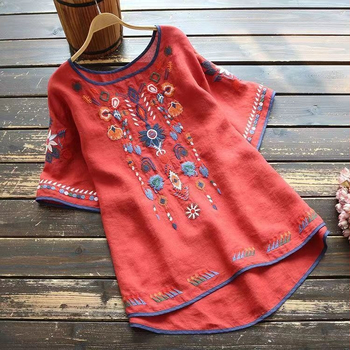 Тениска с бродерия в етно стил, памучно-ленен плат, флорален мотив, свободен силует