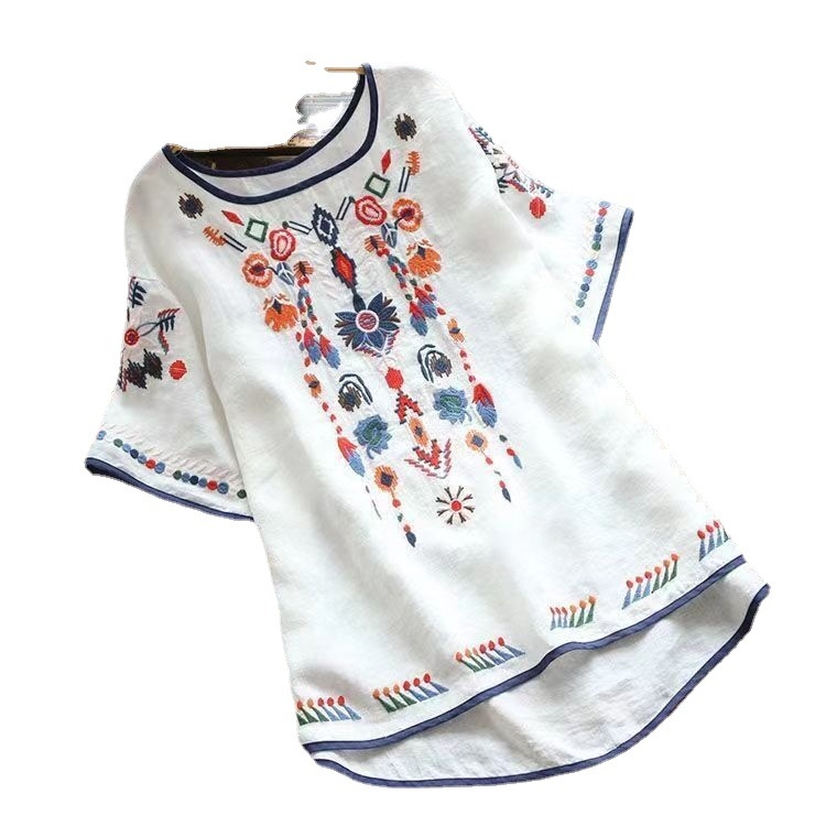 Tricou brodat în stil etnic, bumbac și in, model floral, mâneci scurte, croială lejeră