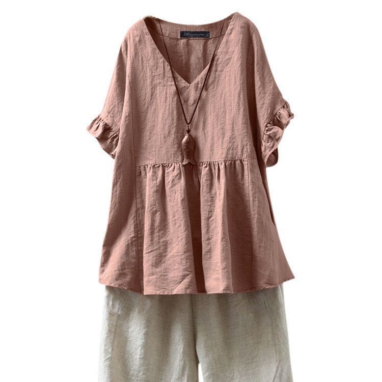 Тениска от памучно-ленена материя с геометричен принт, къс ръкав, кръгло деколте, обикновена дължина (50–65 см)