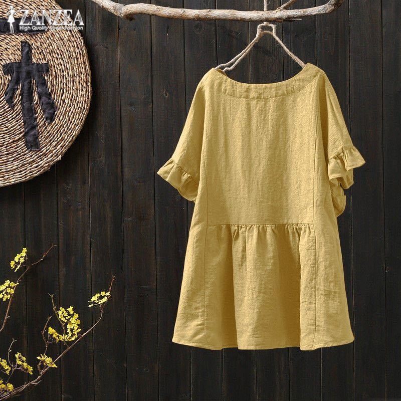 Тениска от памучно-ленена материя с геометричен принт, къс ръкав, кръгло деколте, обикновена дължина (50–65 см)