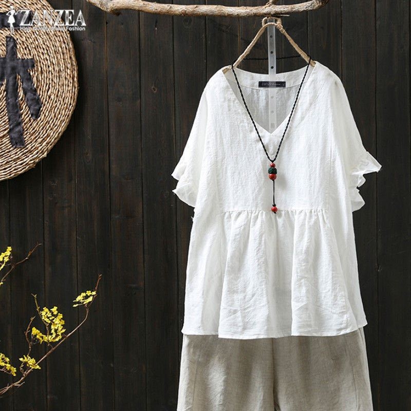 Тениска от памучно-ленена материя с геометричен принт, къс ръкав, кръгло деколте, обикновена дължина (50–65 см)