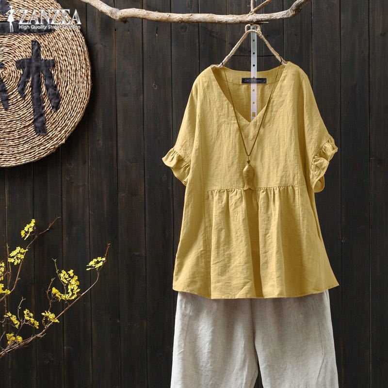 Тениска от памучно-ленена материя с геометричен принт, къс ръкав, кръгло деколте, обикновена дължина (50–65 см)