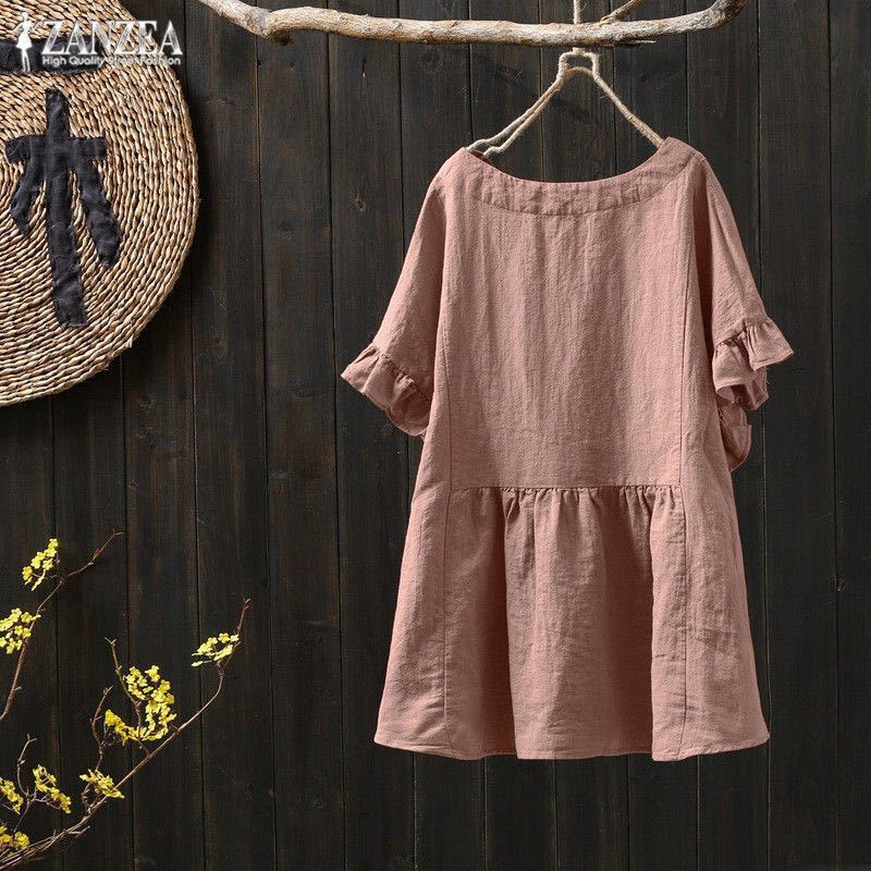 Тениска от памучно-ленена материя с геометричен принт, къс ръкав, кръгло деколте, обикновена дължина (50–65 см)