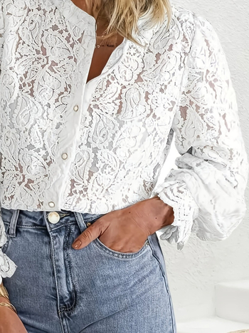 Moteriška nėrinių palaidinė su ilgesniais rankovėmis, pusiau atveriamas apykaklė, lengva megzta medžiaga iš poliesterio su spandeksu (95% poliesterio, 5% spandeksas), pavasaris 2025