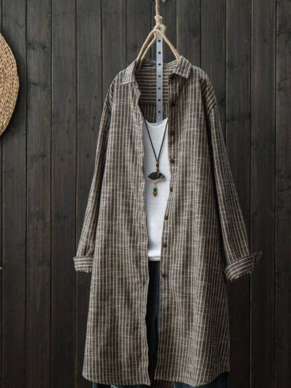 Svītrainā krekla jaka, kardigāna stils, brīvs siluets, garas piedurknes, poliestera-kokvilnas maisījums (<30% kokvilnas)