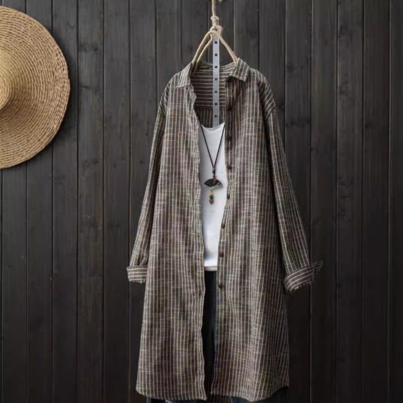 Svītrainā krekla jaka, kardigāna stils, brīvs siluets, garas piedurknes, poliestera-kokvilnas maisījums (<30% kokvilnas)