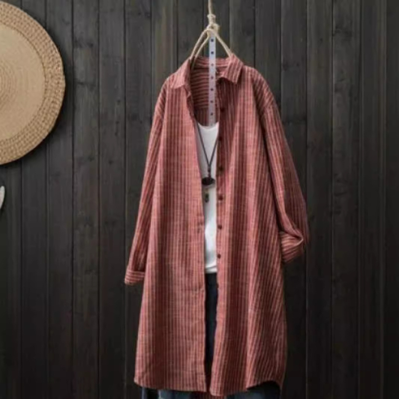 Svītrainā krekla jaka, kardigāna stils, brīvs siluets, garas piedurknes, poliestera-kokvilnas maisījums (<30% kokvilnas)